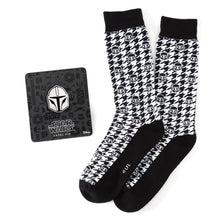 Load image into Gallery viewer, Star Wars Mandalorian Houndstooth Black and White Dress Socks and Lapel Pin Gift Set