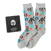 Load image into Gallery viewer, Star Wars Mandalorian and Mythosaur Multicolored Gray Dress Socks and Lapel Pin Gift Set