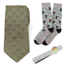 Load image into Gallery viewer, Star Wars Grogu Green Tie, Gray Dress Socks, and Tie Bar Gift Set