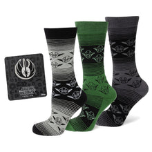 Load image into Gallery viewer, Star Wars Yoda Green, Gray, and Black Ombre Dress Socks and Jedi Crest Lapel Pin Gift Set