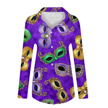 Load image into Gallery viewer, 🎭 Mardi Gras Women's V-Neck Long Sleeve Carnival Print Shirt