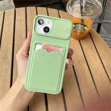 Load image into Gallery viewer, Lightweight Slide Camera Protection Card Holder Wallet Phone Case For iPhone 13 14 Pro Max 12 11 Soft Silicone Cover Soft Skin Silicone Cover Yellow Card Holder Sliding Camera Protection Cover For iPhone
