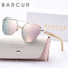Load image into Gallery viewer, BARCUR Luxury High-Quality UV400 Women’s Polarized Sunglasses Cat Eye Bamboo Foot Frame Mirrored Lenses Presented in a White Gift Box for Summer