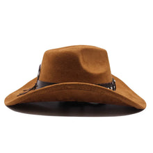 Load image into Gallery viewer, Western cowboy hat with bullhead rivets, curved brim, windproof rope, and felt for outdoor riding and jazz hats