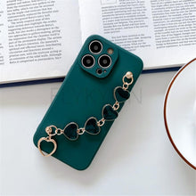 Load image into Gallery viewer, Soft Silicone Love Heart Chain Luxury Soft Flexible with Love Heart Chain Bracelet Hand Strap Girly Women Protective Cover for iPhone Wrist Bracelet Phone Case For iPhone 12 13 14 Pro Max Mini 11 Pro Max X XS Max XR 7 8 Plus