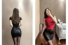 Load image into Gallery viewer, Mandotos Black Imitation Leather Pencil Mini Skirt High Waist Korean Fashion Women Wholesale Summer