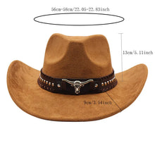 Load image into Gallery viewer, Western cowboy hat with bullhead rivets, curved brim, windproof rope, and felt for outdoor riding and jazz hats