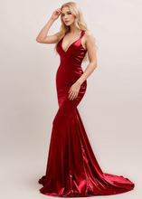 Load image into Gallery viewer, Sexy Deep V neck tie back mermaid silky satin prom dress