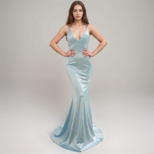 Load image into Gallery viewer, Sexy Deep V neck tie back mermaid silky satin prom dress