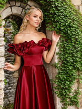 Load image into Gallery viewer, Sexy off-the-shoulder long princess style A-line satin prom dress with Ruffled sleeves
