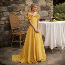 Load image into Gallery viewer, Sexy off-the-shoulder long princess style A-line satin prom dress with Ruffled sleeves
