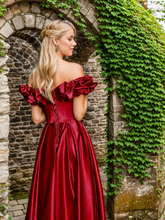 Load image into Gallery viewer, Sexy off-the-shoulder long princess style A-line satin prom dress with Ruffled sleeves