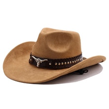 Load image into Gallery viewer, Western cowboy hat with bullhead rivets, curved brim, windproof rope, and felt for outdoor riding and jazz hats