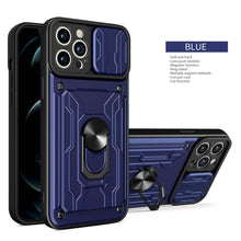 Load image into Gallery viewer, Heavy Duty Armor Case Card Pocket for iPhone 11 Pro 7 8 Plus Magnetic Phone Holder Cover Slide Lens Protection Design Card Holder Slot With Rotating Ring Armor Bumper Shockproof Case