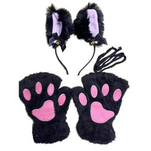 Load image into Gallery viewer, 5Pcs Sets Cat Paw Gloves Winter Cute Cartoon Girl Open Finger Gloves Bell Headband Fox Cat Ear Headwear