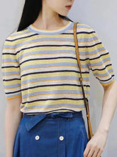 Load image into Gallery viewer, Short-Sleeve Rainbow Striped Knit Top with Round Neck | NCS
