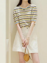 Load image into Gallery viewer, Short-Sleeve Rainbow Striped Knit Top with Round Neck | NCS