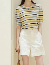 Load image into Gallery viewer, Short-Sleeve Rainbow Striped Knit Top with Round Neck | NCS