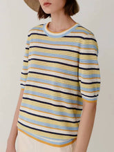 Load image into Gallery viewer, Short-Sleeve Rainbow Striped Knit Top with Round Neck | NCS