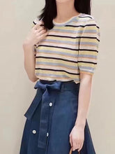 Load image into Gallery viewer, Short-Sleeve Rainbow Striped Knit Top with Round Neck | NCS