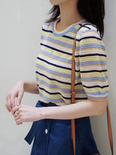 Load image into Gallery viewer, Short-Sleeve Rainbow Striped Knit Top with Round Neck | NCS