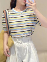 Load image into Gallery viewer, Short-Sleeve Rainbow Striped Knit Top with Round Neck | NCS