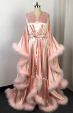 Load image into Gallery viewer, Silky Satin Feather Fringe Hem Long Robe (Victorian Style / Christmas Gift)