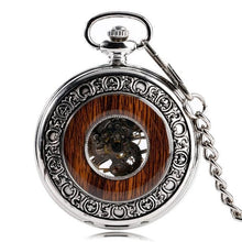 Load image into Gallery viewer, Silver Wooden Mechanical Hand Wind Pocket Watch