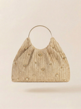 Load image into Gallery viewer, Artisanal Studded Handwoven Raffia Bag with Sculptural Gold Ring Handle