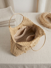 Load image into Gallery viewer, Artisanal Studded Handwoven Raffia Bag with Sculptural Gold Ring Handle