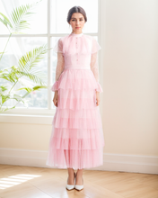 Load image into Gallery viewer, Vintage high neck Layered Ruffle tutu Skirt tulle prom dress with sleeves