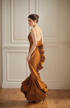 Load image into Gallery viewer, Vintage Deep V neck low back pencil skirt ruffled silky satin prom dress