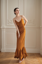 Load image into Gallery viewer, Vintage Deep V neck low back pencil skirt ruffled silky satin prom dress