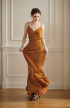 Load image into Gallery viewer, Vintage Deep V neck low back pencil skirt ruffled silky satin prom dress