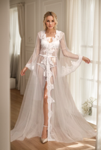 Load image into Gallery viewer, Pearl Beaded Lace Hem Long Robe with Satin Nightgown