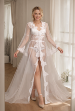 Load image into Gallery viewer, Pearl Beaded Lace Hem Long Robe with Satin Nightgown