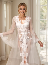 Load image into Gallery viewer, Pearl Beaded Lace Hem Long Robe with Satin Nightgown