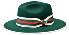 Load image into Gallery viewer, BRUNO CAPELO WESLEY WE-979 WIDE BRIM AUSTRALIAN WOOL FEDORA HAT | GREEN WITH WHITE/RED/GREEN VERSACE BAND