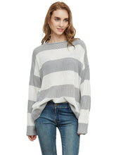 Load image into Gallery viewer, Women Striped Knitted Sweater Crew Neck Long Sleeve Casual Comfy Pullover Tops
