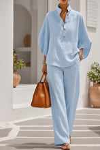 Load image into Gallery viewer, Women's Linen-Look Stand Collar Batwing Top & Wide-Leg Pants Set