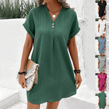 Load image into Gallery viewer, Button-Front V-Neck Dress – Short Sleeve Solid Casual Shirt Dress
