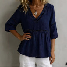 Load image into Gallery viewer, Women's V-Neck Hollow-Out Fringe Cotton-Linen Top