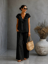 Load image into Gallery viewer, Women's V-Neck Ruffled Hem Top & Wide-Leg Pants Two-Piece Set