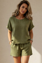 Load image into Gallery viewer, Women's Relaxed Cotton-Linen Cuffed Sleeve Top & Shorts Two-Piece Set