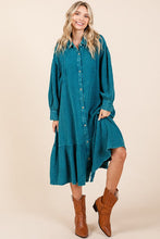 Load image into Gallery viewer, New Mineral Wash Cotton Gauze Ruffle Midi Shirt Dress For Women – Trendy, Chic, Casual & Feminine Design For Any Occasion