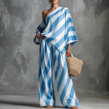 Load image into Gallery viewer, Women's Retro Striped Batwing Top & Wide-Leg Pants Two-Piece Set