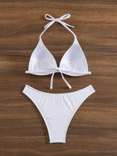 Load image into Gallery viewer, Bikini Rib Knit Solid Color Triangle 2 Piece Swimsuit for Women – Adjustable Tie Back Halter Bikini Set with Spaghetti Straps – High Stretch Polyester Swimwear for Summer Beachwear Poolside Relaxation and Tropical Vacation
