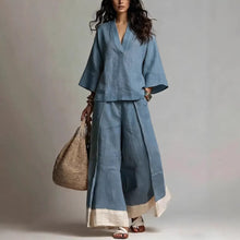 Load image into Gallery viewer, Women's Cotton-Linen V-Neck 3/4 Sleeve Shirt & Wide-Leg Pants Set