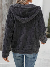 Load image into Gallery viewer, Dark Gray Women Checkered Pattern Jacket Comfy Textured Zip-Up Drawstring Fuzzy Jacket