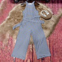 Load image into Gallery viewer, Women's Striped Halter Neck Jumpsuit with Self-Tie Belt & Wide-Leg Crop